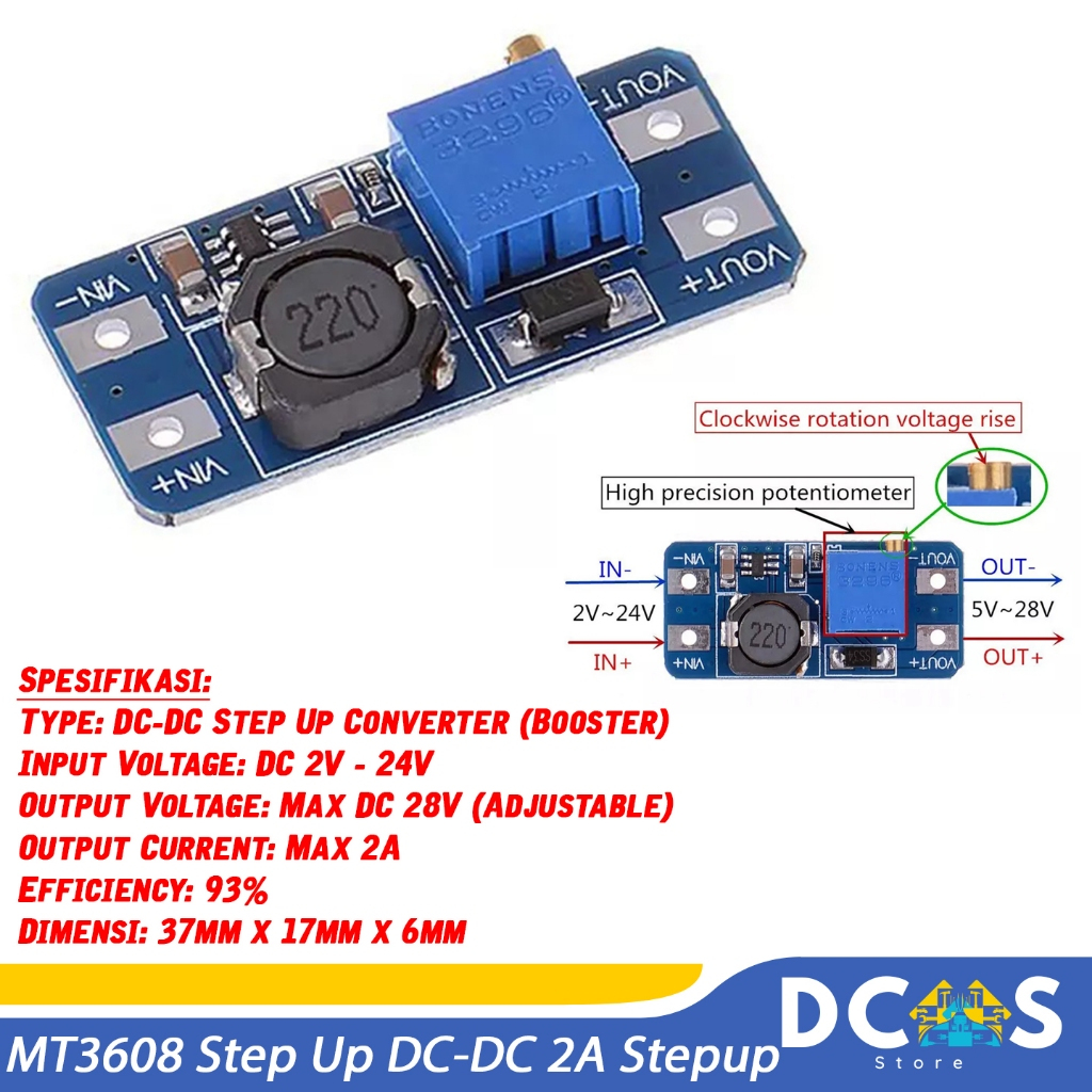 MT3608 DC-DC Step Up 2A Boost Converter โมดูล