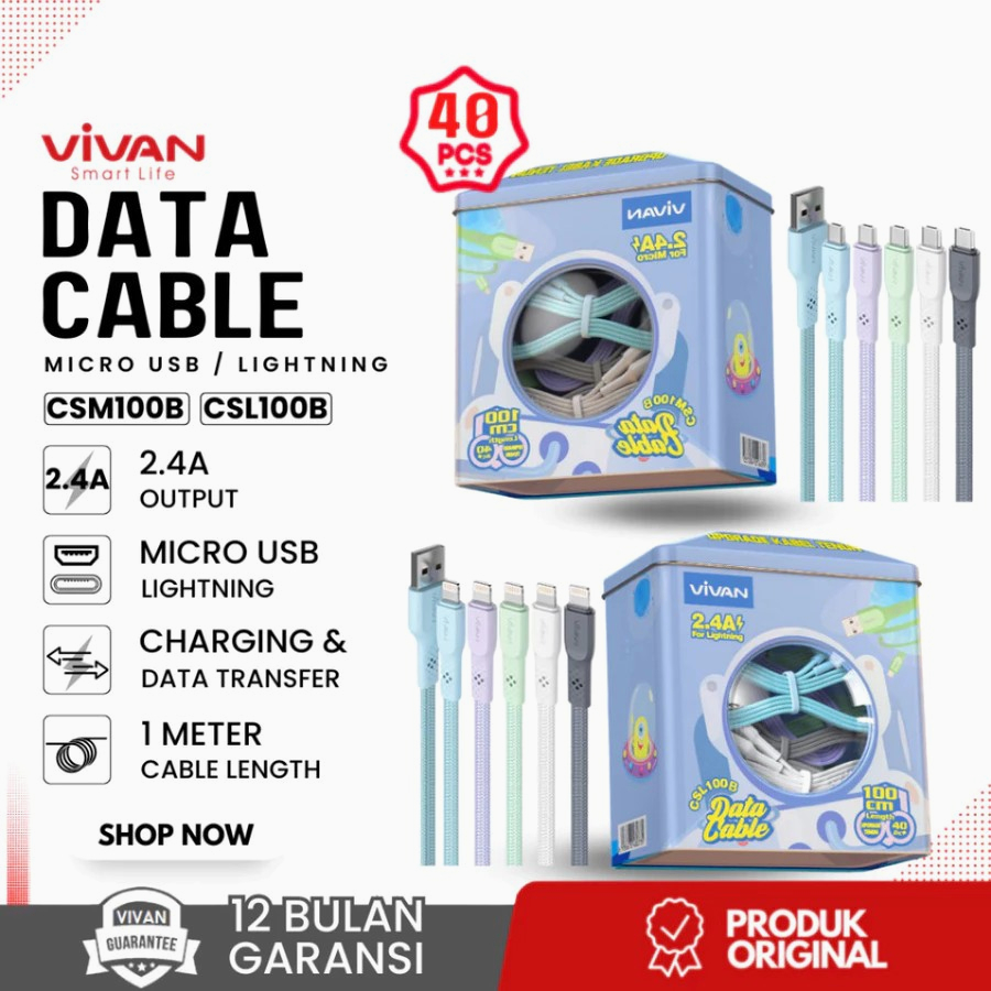 Vivan Data Cable CSM100B USB Micro CSC100B Cable Data Braided Upgraded More Durable 2.4A 100CM