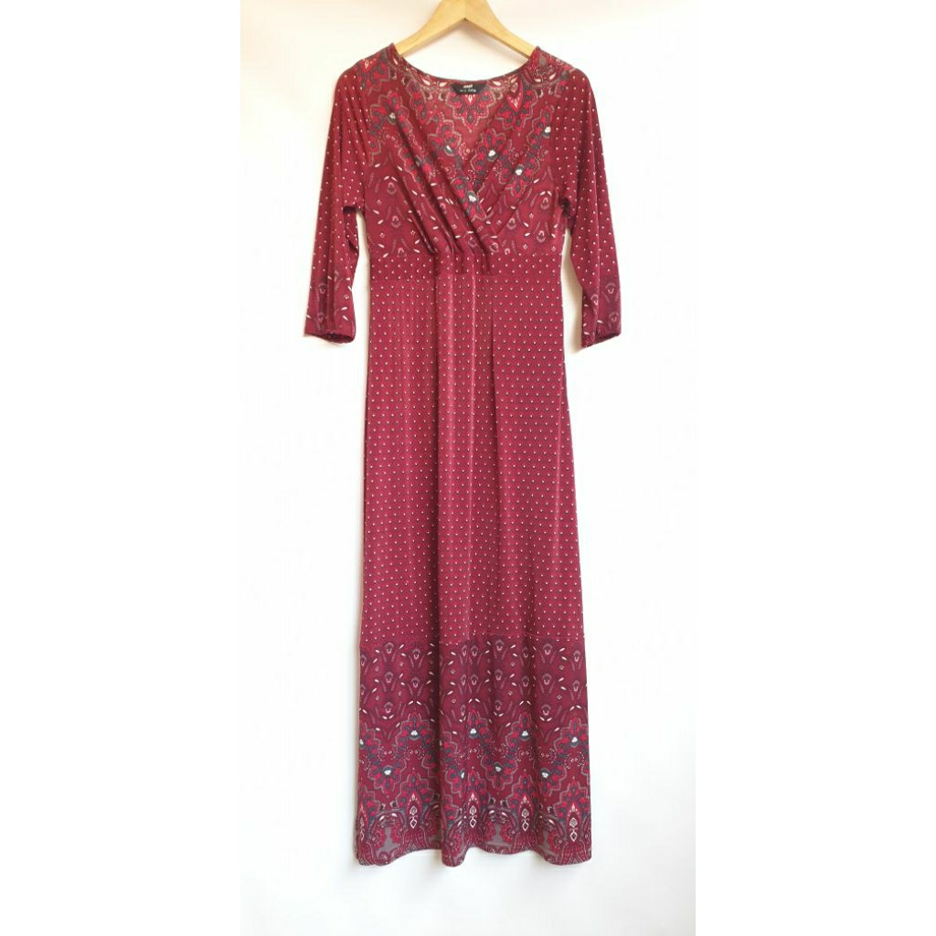 Gamis MAX ดูไบ Motif Maxi Dress Maroon V คอ Overlap 3/4 แขนชาติพันธุ์ชุดยาว Casual Elegant Preloved 