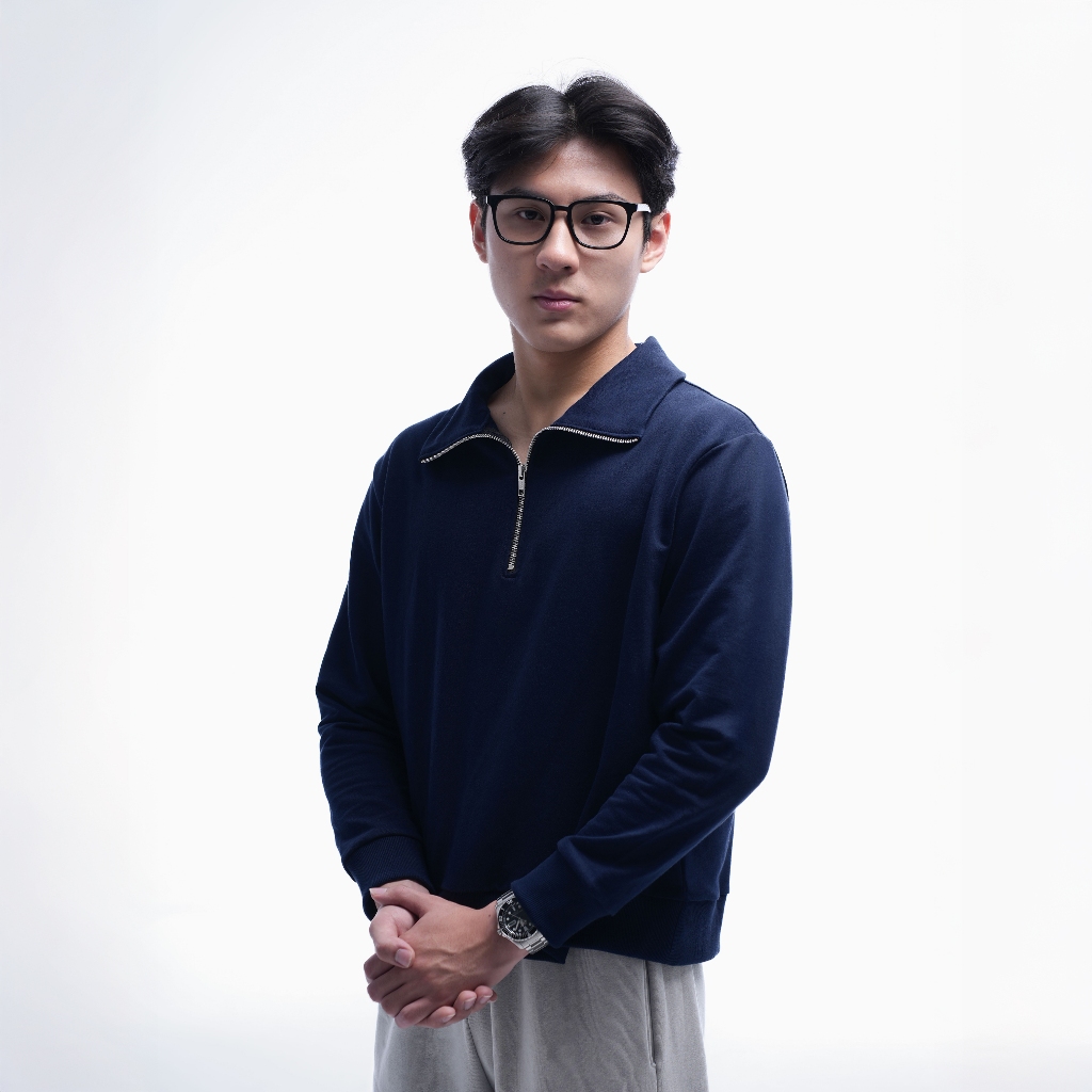 Volda Collin Half Zip Polo Sweater (สีกรมท่า) | เสื้อกันหนาวครึ่งซิปแขนยาวลําลองธรรมดาสําหรับผู้ชาย