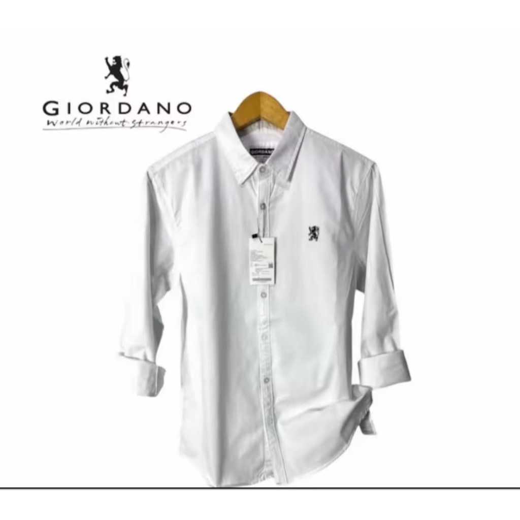 KEMEJA Giordano 3D Mens White Long Sleeve Premium Slimfit Casual Official Plain Office Shirt Unisex 