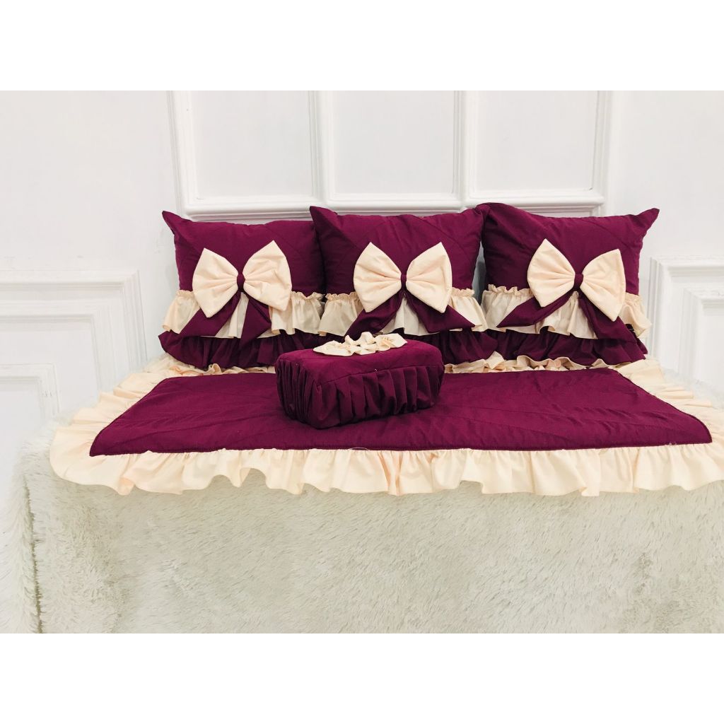 SET OF PLAIN BURGUNDY RIBBON TASSEL SOFA CUSHION COVERS