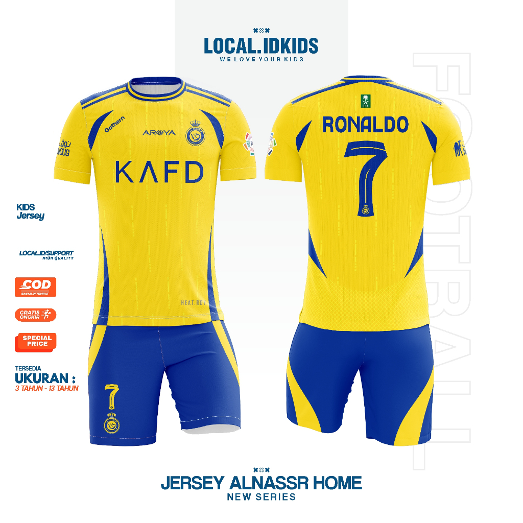 ใหม่ล่าสุด SET al nassr home Jersey | เสื้อยืดกีฬาเด็กพรีเมี่ยมต้นฉบับ | เสื้อโรนัลโด้ | เสื้อฟุตบอล