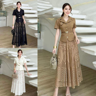 SET1107 SPIRTU KOREAN STYLE VINTAGE SETELAN ATASAN ROK BRUKAT BELT ELEGAN KASUAL FORMAL PESTA NATAL