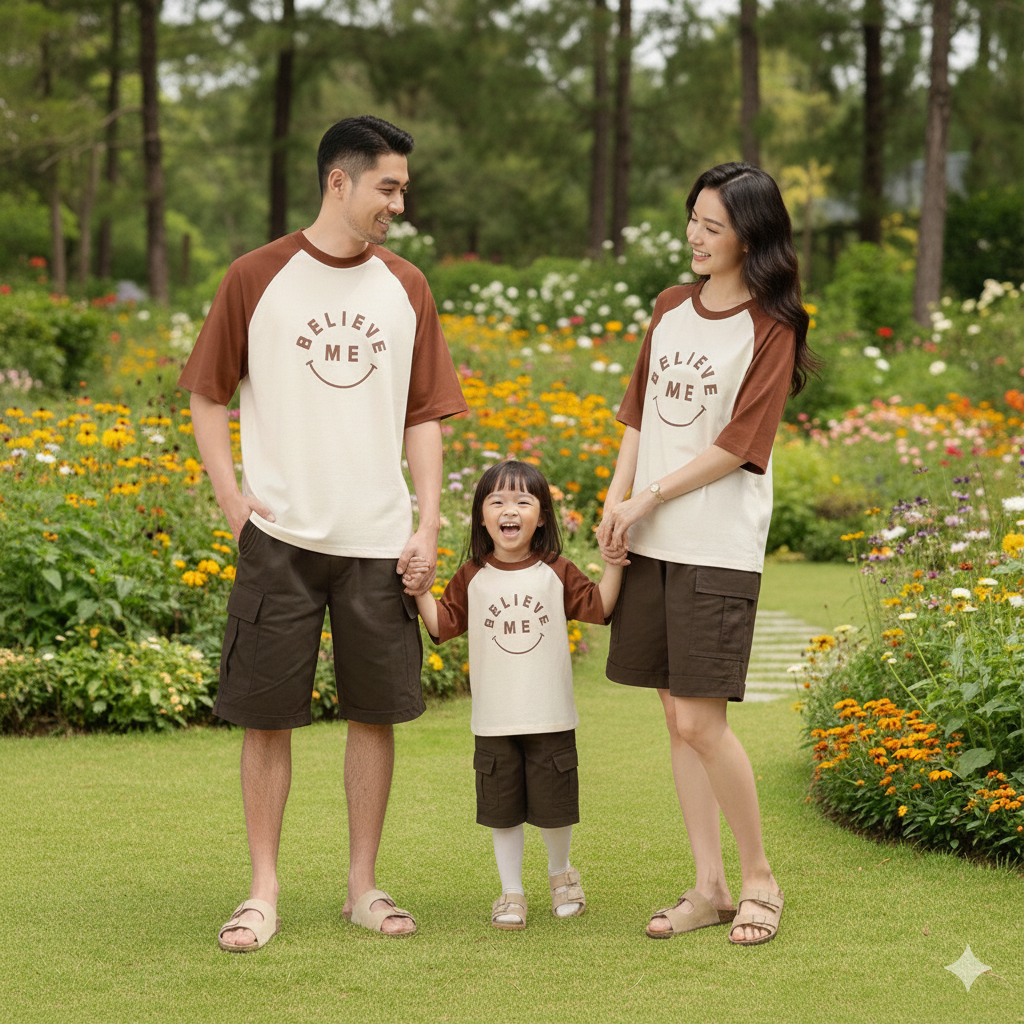(คุณภาพระดับพรีเมียม) BEIGE - CINNAMON RAGLAN SCREEN PRINTING: BELIEVE ME FAMILY COUPLE T-SHIRT COMB