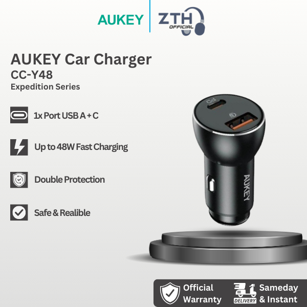 Aukey Car Charger CC-Y48 48W Dual Port USB Type A & C 30w 18w PD QC