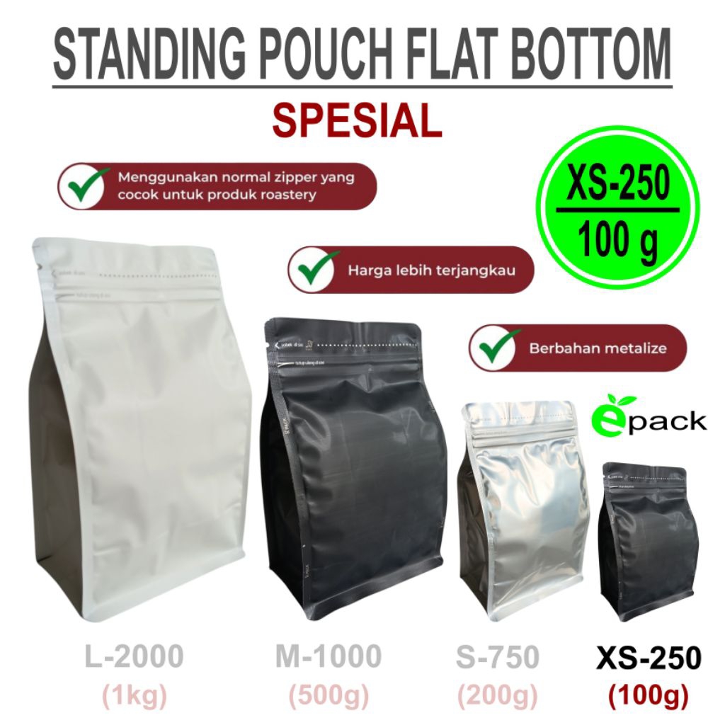 100 GRAM COFFEE PACKAGING STANDING POUCH FLAT BOTTOM XS-250 VALVE ZIPPER COFFEE BAG KPACK พิเศษ