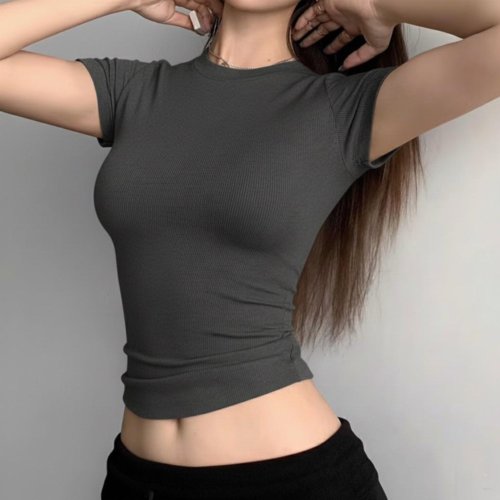 PLATINUM WORLD เสื้อครอปถักธรรมดา O คอ Fit Body - เสื้อเชิ้ตธรรมดาผู้หญิง S2