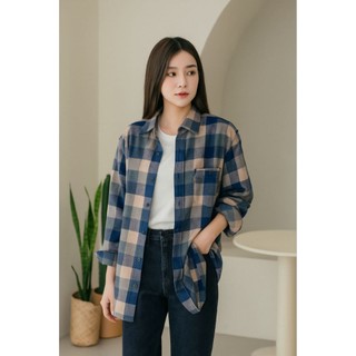 Kemeja flanel wanita lengan panjang motif kotak-kotak