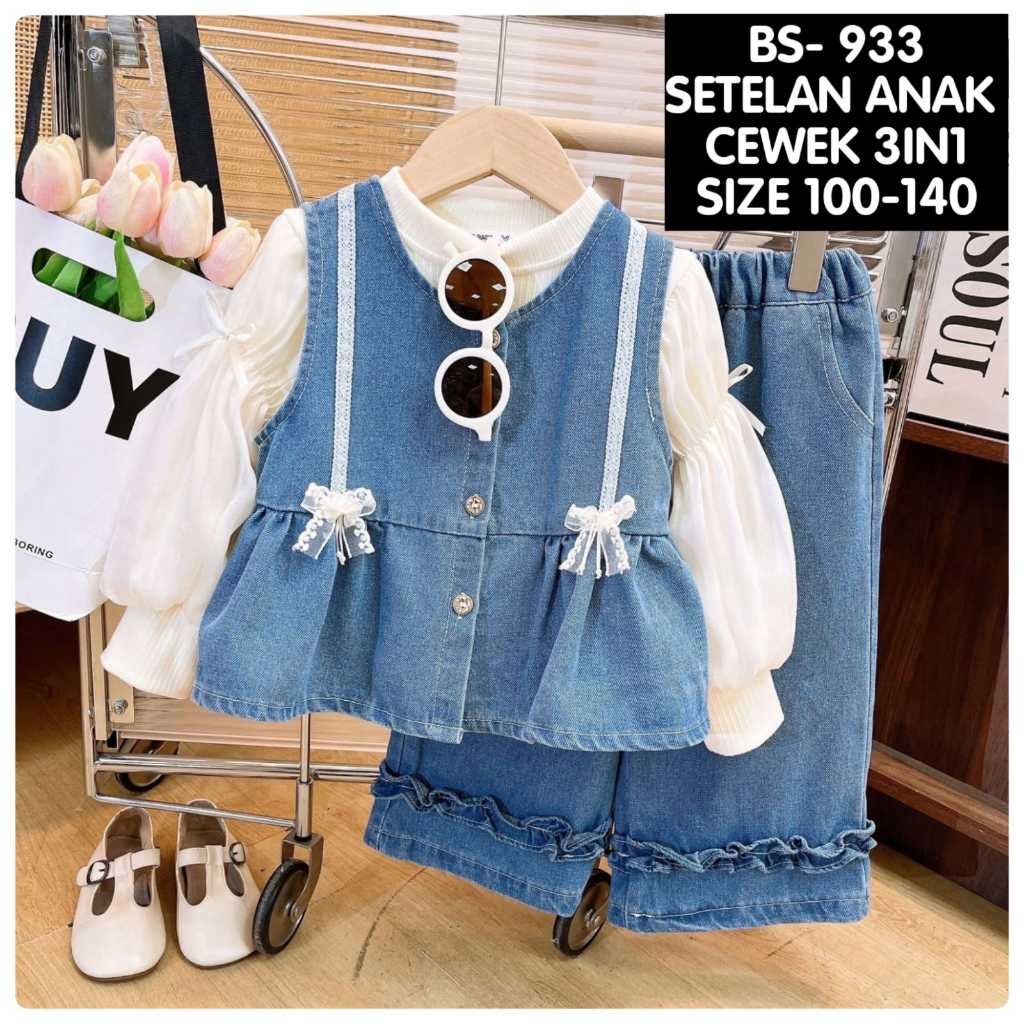 (LOLI-JKT) BS- 933 3IN1 CHILDRENS SET JEANS BALLOON SLEEVE PULL RIBBON CULOT PANTS SIZE 100-140
