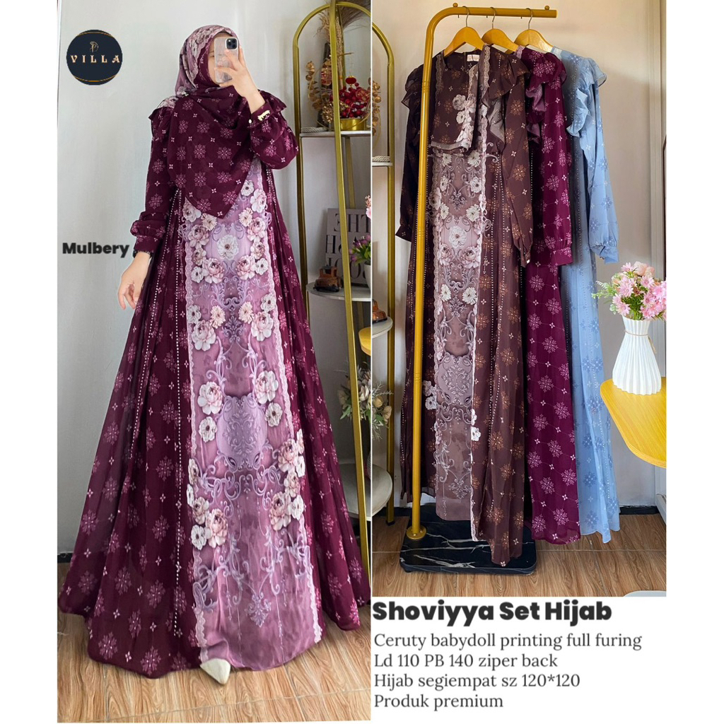SHOVIEYA SET HIJAB DHIRA ONE SET ORIGINAL BY VILLA oneset setcel เสื้อเบลาส์ดอกไม้และกางเกงถักนําเข้