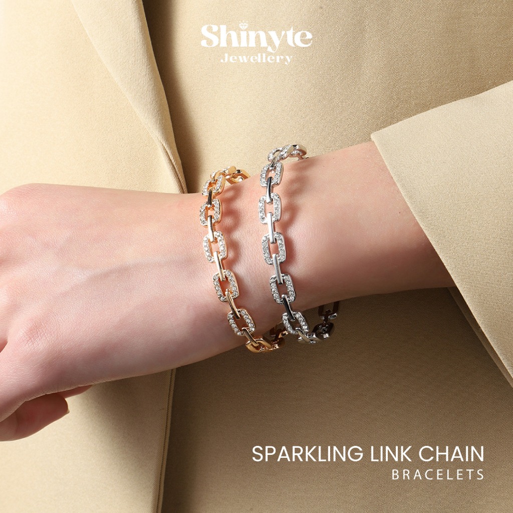 Shinyte Official Store สร้อยข้อมือผู้หญิง Sparkling Link Chain ชุบทองหรูหราZircon Gem Chain Glamourเ