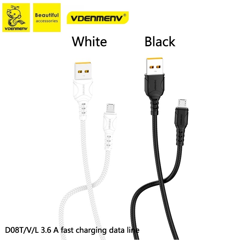 VDENMENV D08V/T/L 12W USB ถึง Micro/Type-C/Lightning Quick Charge สายชาร์จโทรศัพท์ 3.6A