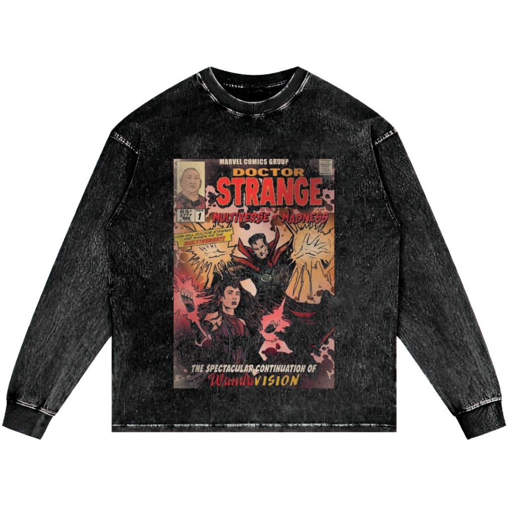 DOCTOR STRANGE LONG SLEEVE STONE WASH เสื้อยืด OVERSIZED VINTAGE TEE UNISEX TOP COMICS CLOTHES