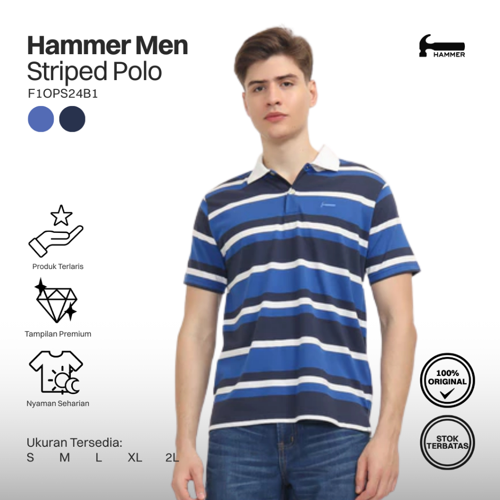 แถบโปโล Hammer Man | เสื้อยืดคอปกลายทางแขนสั้นปกติสําหรับผู้ชายสีน้ําเงิน F1OPS24B1