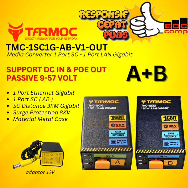 Tarmoc TMC-1SC1G-P-V1-OUT | Media Converter 1FO 1LAN / 1 FO 1 LAN Gigabit POE IN POE out 9-57 Volt |
