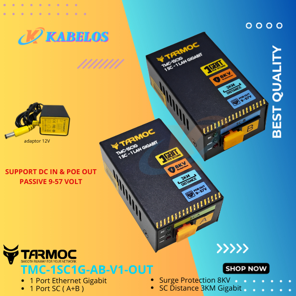 Tarmoc TMC-1SC1G-P-V1-OUT | Media Converter 1FO 1LAN / 1 FO 1 LAN Gigabit POE IN POE out 9-57 Volt |
