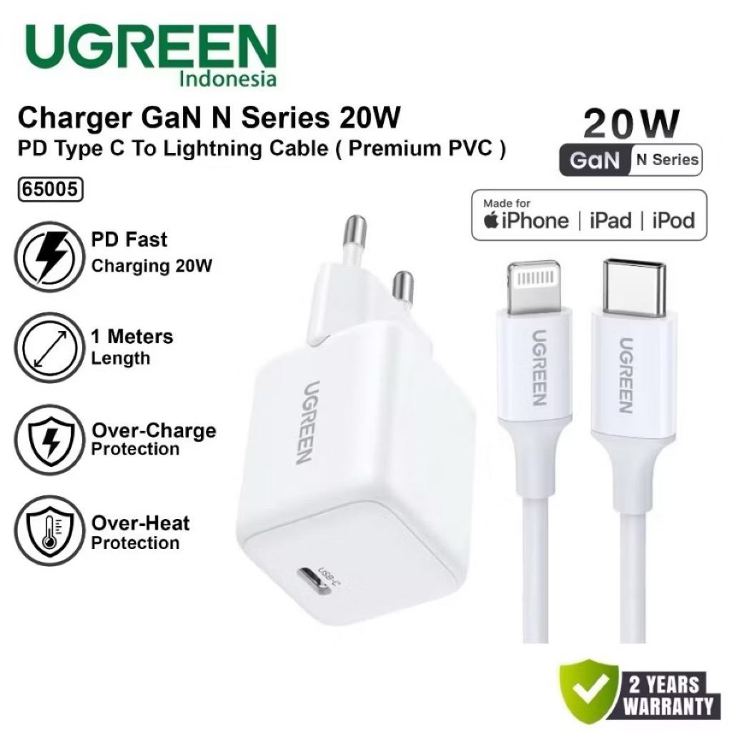 UGREEN เครื่องชาร์จ GaN N iPhone MFi PD Type-C to Lightning Fast Charging 20W 65005