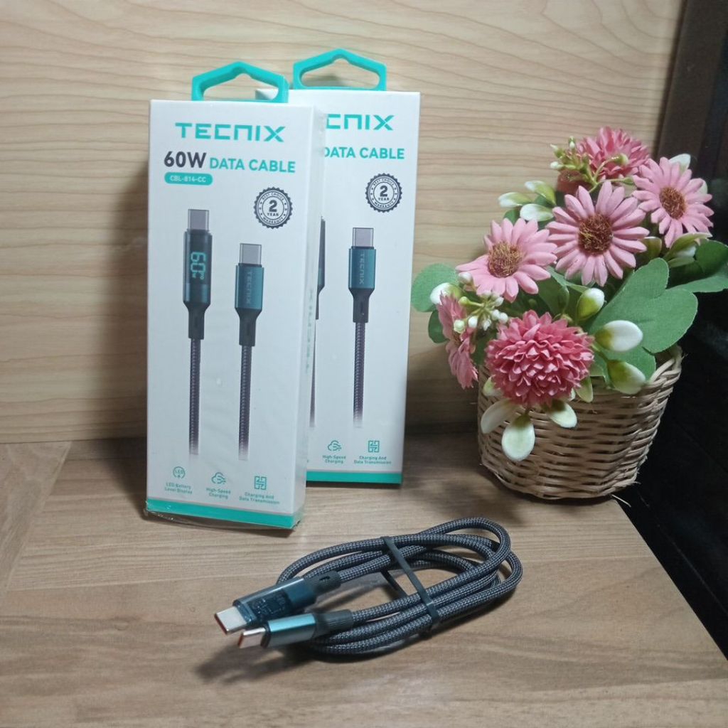 TECNIX CBL-814-CC Data Cable C To C 60W LED Indicator วัตต์การจัดส่งไนลอนสีดําความยาว 1 M