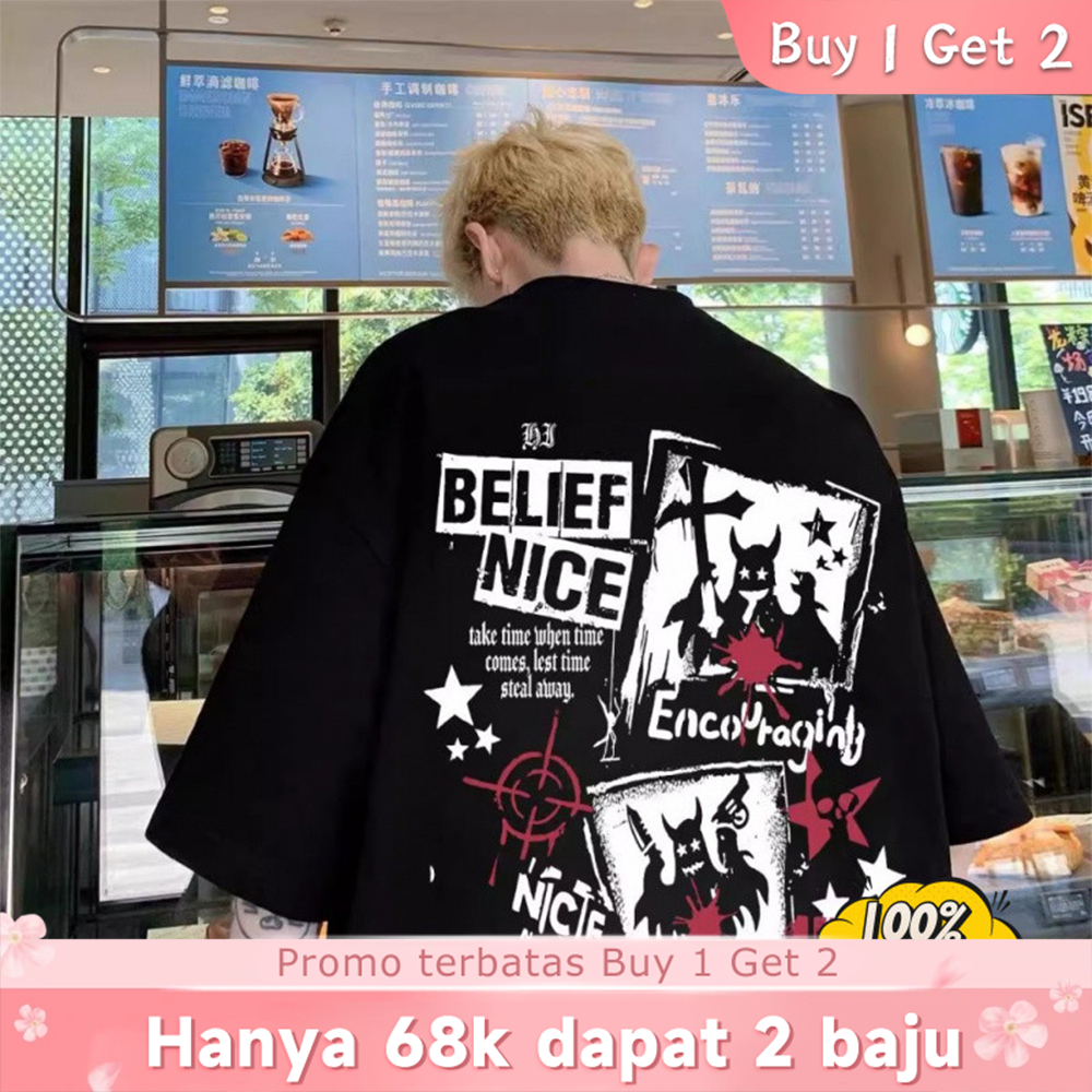 [ซื้อ 1 แถม 2] เสื้อยืดโอเวอร์ไซส์สไตล์วัฒนธรรมย่อยสีดํา - Ghost & Text Design "BELIEF NICE" เท่! เพ