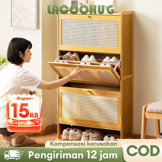 Laccohug-Lemari Sepatu Bambu Rak Sepatu Tertutup Lemari Sepatu Bambu Tipis Lemari Sepatu Hemat Ruang
