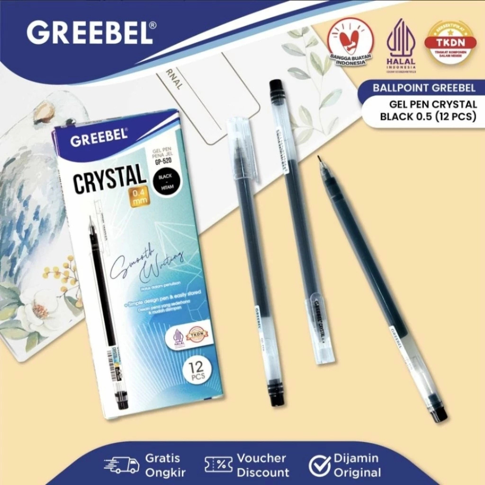 สมบูรณ์ - (3 ชิ้น) Greebel GP-520 Crystal 0.5 ปากกาเจลสีดํา
