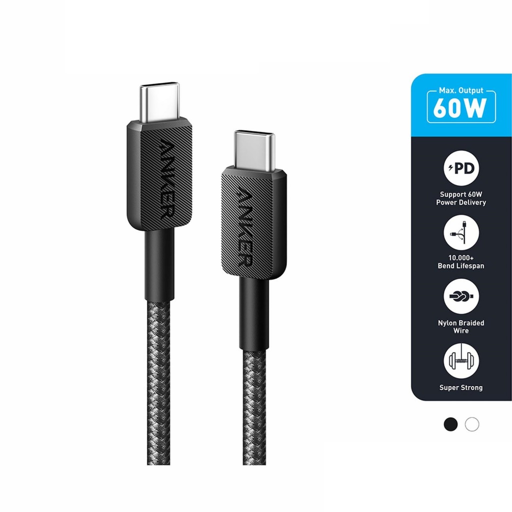สายชาร์จ Anker 322 USB-C to USB-C (แบบถัก 3 ฟุต) - A81F5 - สีดํา
