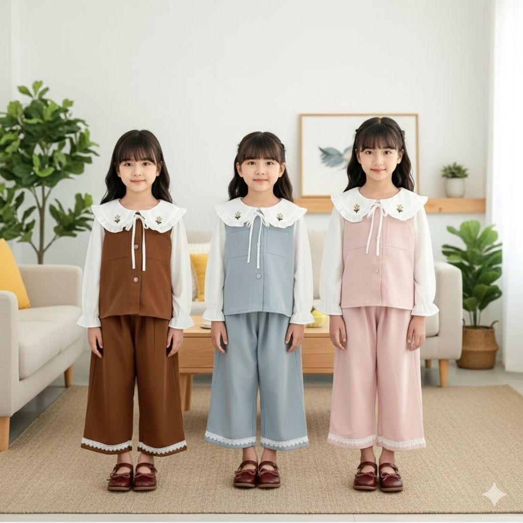 (AGE 6,7,8,9,10TH) SC762 3IN1 SET OF SHIRT, PANTS AND VEST WITH BACK STRAP DUSTY PINK-BLUE -BROWN