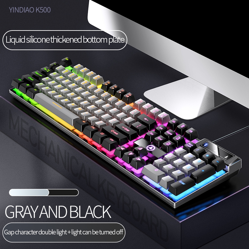YINDIAO Mechanical Feel Wired USB RGB 104 Key Gaming Keyboard - K500 - สีดํา/เทา