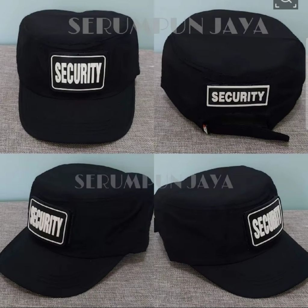 หมวกคอมมานด์สีดําพร้อมยาง SECURITY WRITING 2 PATCHS - SECURITY COMMAND HAT WITH WHITE WRITING, แพทช์