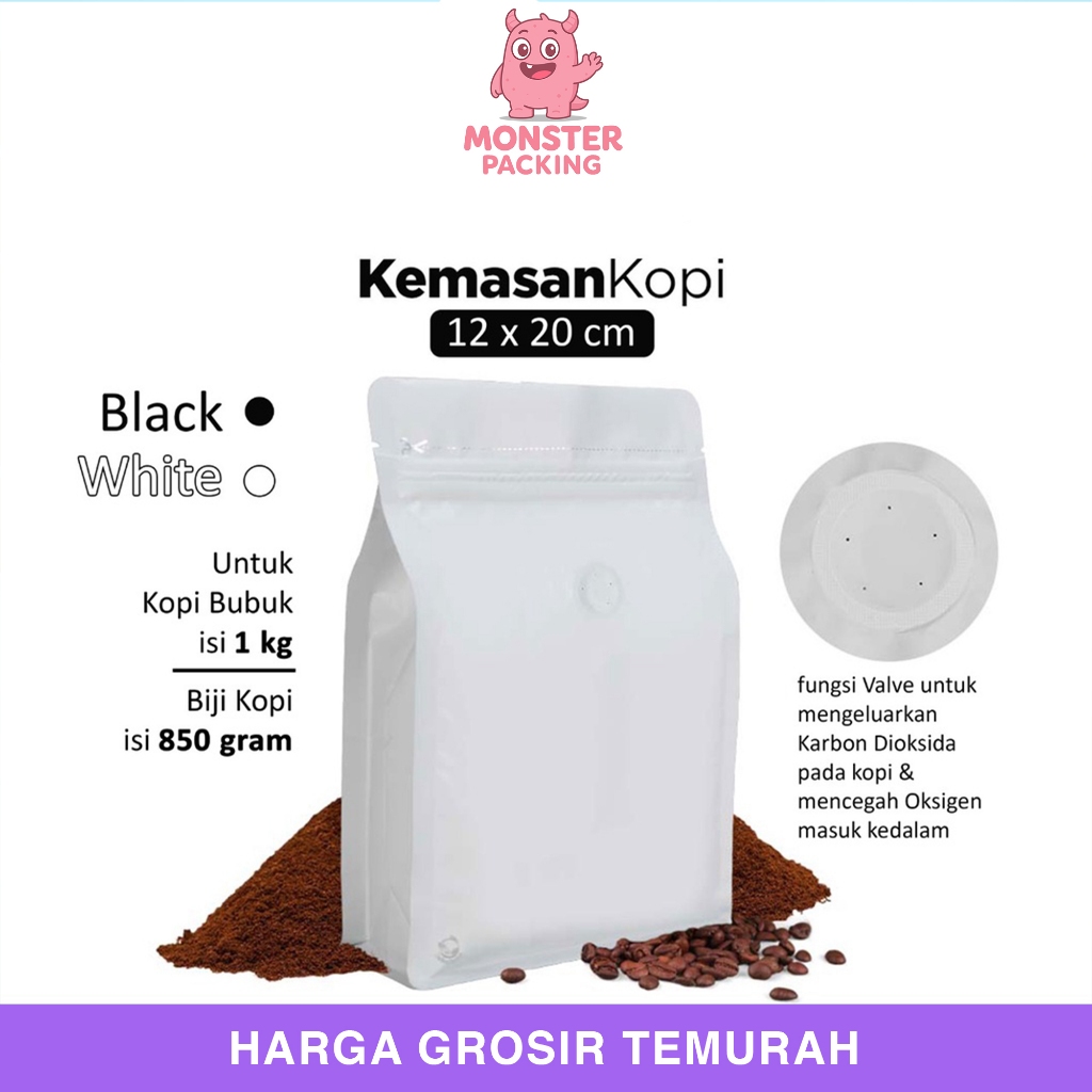 วาล์วก้นแบน 12x20 ซม. กระเป๋ายืน ถุงซิปล็อค คลิปหนีบกาแฟพลาสติก สีขาว