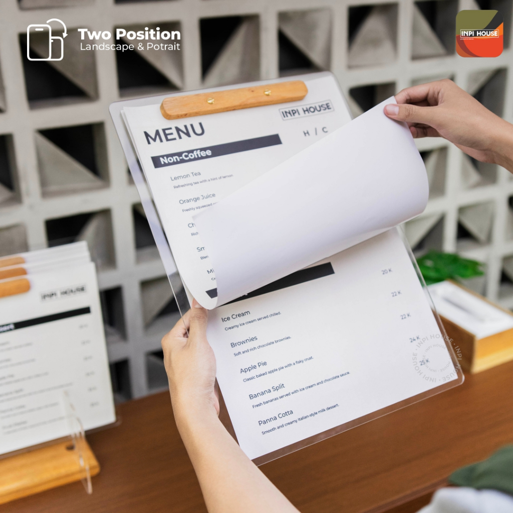 INPI HOUSE Menu Board - ป้ายเมนู, รายการเมนู - แนวนอนและแนวตั้ง - วัสดุไม้และอะคริลิก