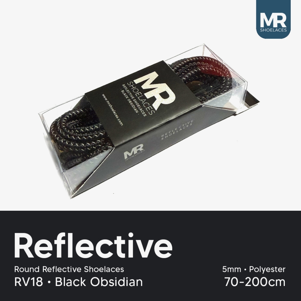 MR Shoelaces RV18 Black Obsidian (Black Obsidian) เชือกผูกรองเท้าสะท้อนแสงทรงกลม 80 ซม.90 ซม.100 ซม.120 ซม.150 ซม.180 ซม.200 ซม.โพลีเอสเตอร์เชือกผูกรองเท้าพรีเมี่ยม