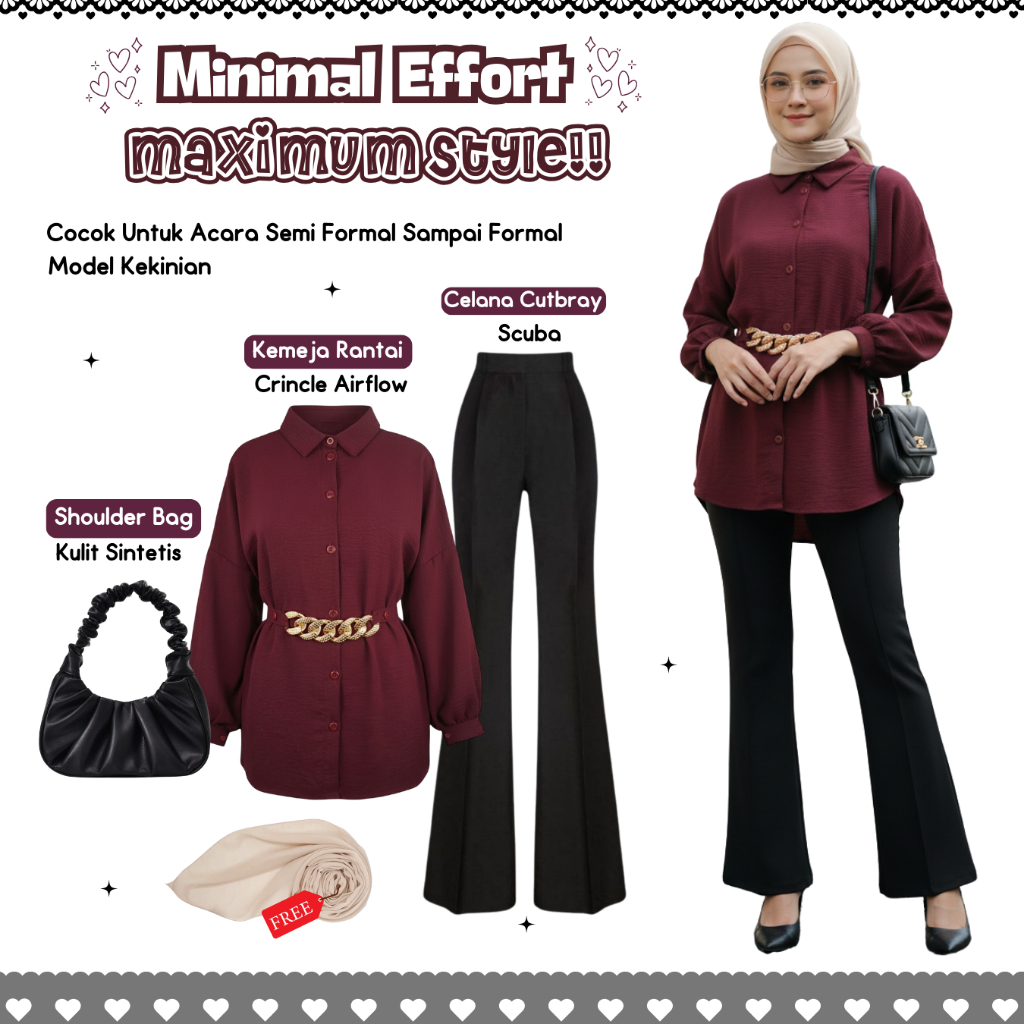 KEMEJA One Set เสื้อ Maroon Chain สีดํา Cutbray และกระเป๋าสีดํา | 3ใน1 ชุดสตรีสไตล์เกาหลี | AS168