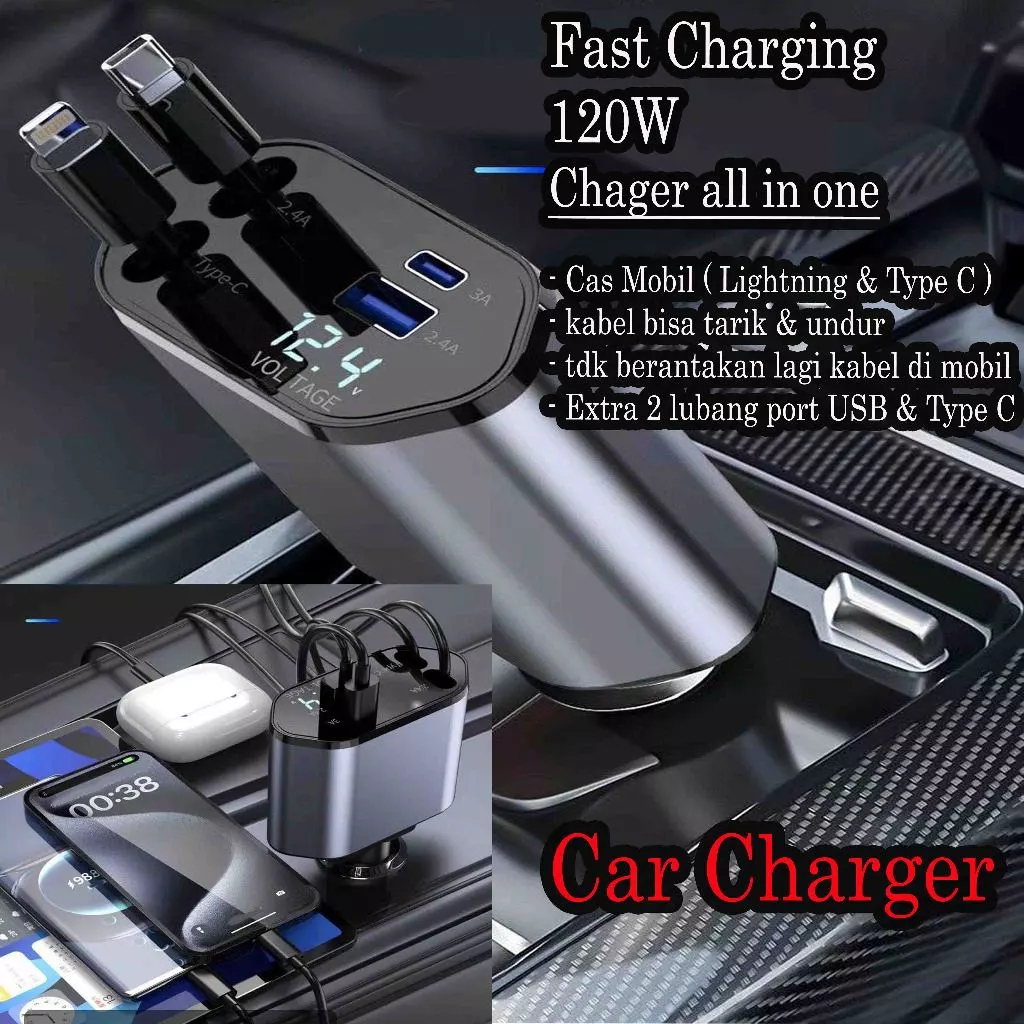 120W Fast Charging Super Fast Car Charger / 120W 4 in 1 Car Charger / Portable Cable type C & Lightn