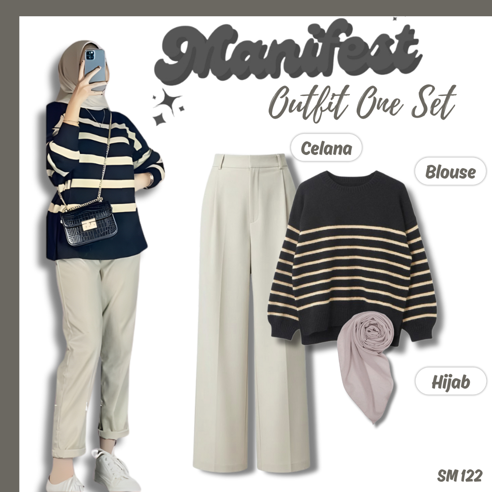 Manifest - 3 in 1 Modern Womens Set (กางเกงถัก,เสื้อถักลายทาง,Bella Square Hijab) Coffee Style SM122