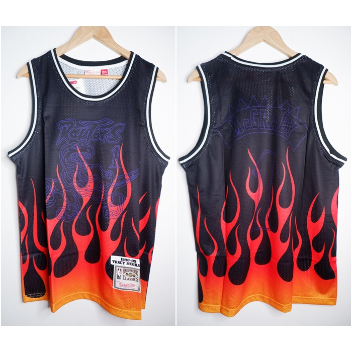 พรีเมี่ยมนําเข้า CLASSIC HWC FLAME EDITION RAPTORS 1 TRACY MCGRADY BLACK MN BASKETBALL JERSEY