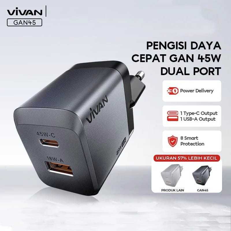 VIVAN GaN45 อะแดปเตอร์ชาร์จ Usb-A+Type-C GaN ชาร์จเร็ว 45W