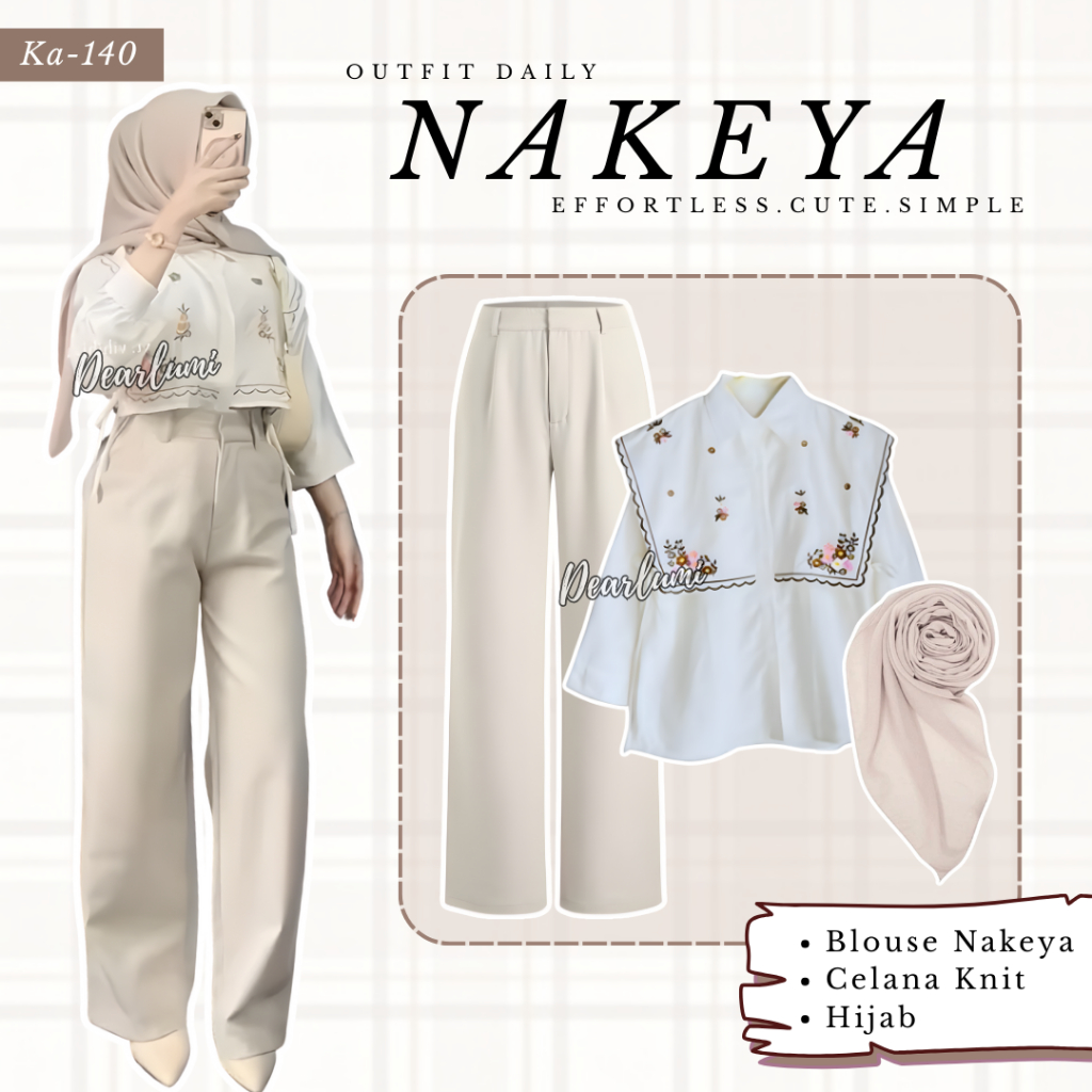ผู้หญิงวัยรุ่น KOrean สไตล์อินเทรนด์ Eid ชุด (เสื้อ Nakeya + กางเกงถัก + Bella Square Hijab) Dearlum