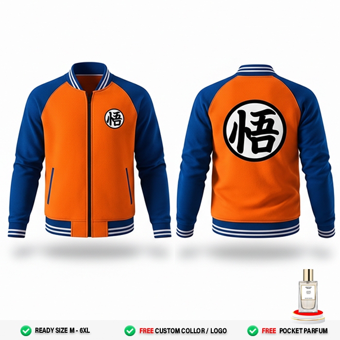 Dragon Ball Unisex Varsity Jacket สีส้ม สีฟ้า – Goku Training Style Oversize Premium Oversize (M - 6XL)