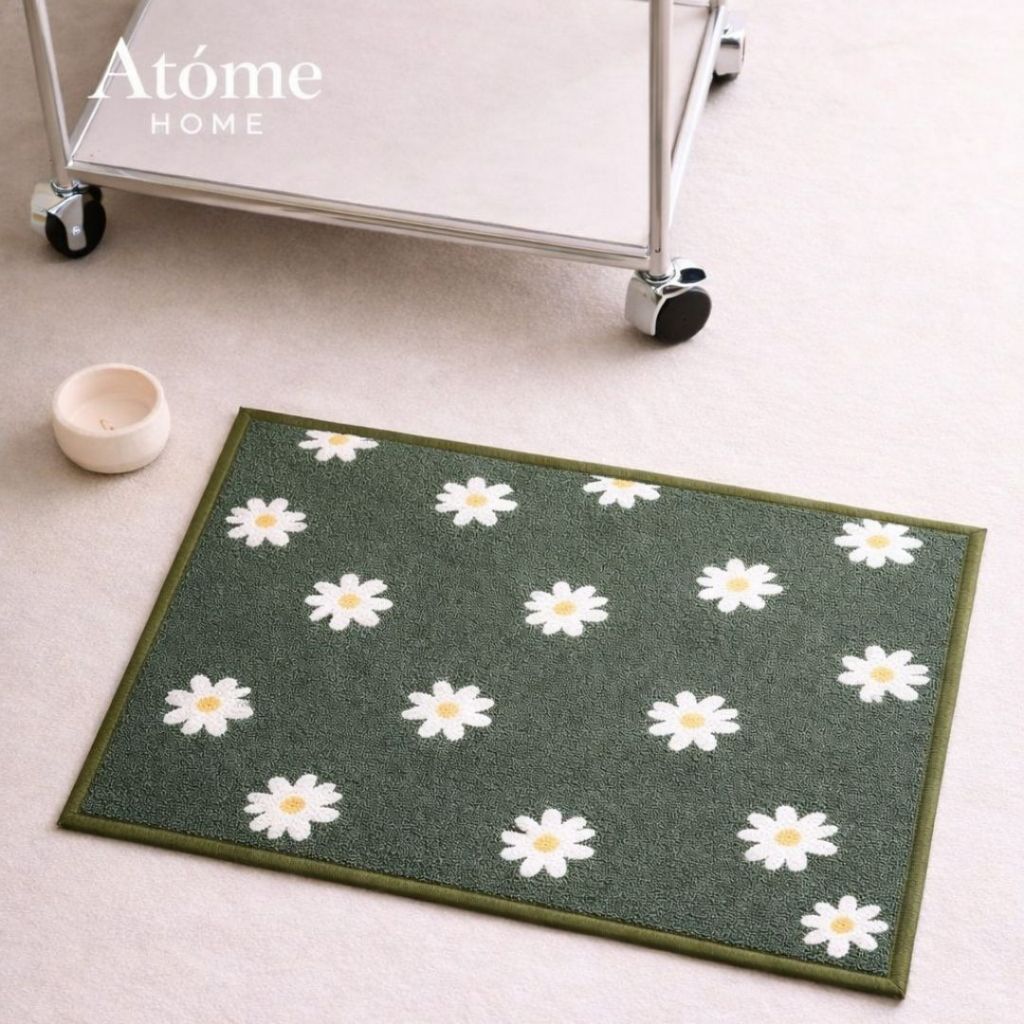 Atome Home พรมเช็ดเท้าไนลอนกันลื่น – Daisy Green Motif | พรมเช็ดเท้าสุนทรียภาพมินิมอล