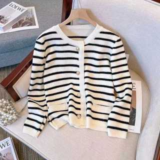 Adzkia cesy cardigan rajut strip crop top sweater rajut atasan wanita lengan panjang