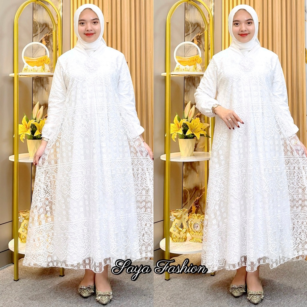 Kartini Maxi White Brocade Dress 75385 เสื้อผ้ามุสลิม Eid