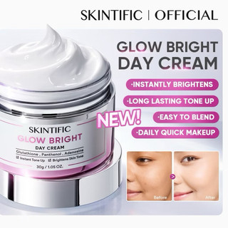 [NEW LAUNCH]SKINTIFIC – Glow Bright Day Cream – Tone Up Moisturizer untuk Wajah & Leher – Brightening Whitening Lazy Cream Foundation Look – Quick Makeup Day & Night Facial Moisturizer dengan 2% Niacinamide, Panthenol & Adenosine
