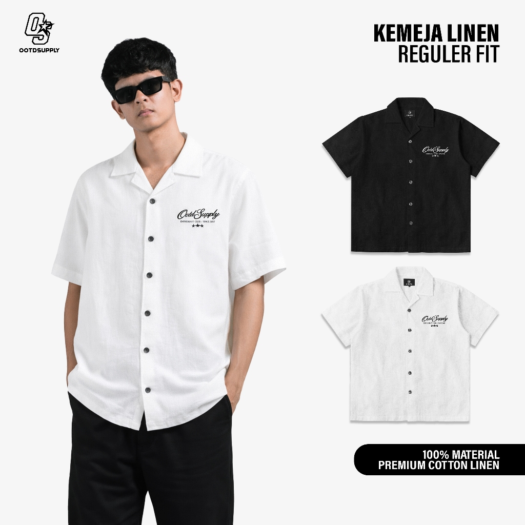 KEMEJA OOTDSUPPLY Regular Shirt Linen Triple Star เย็บปักถักร้อย Black & White | เสื้อคอปกเปิด | แขน