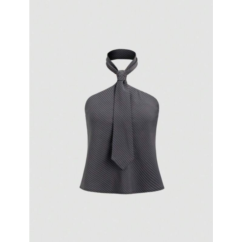 FYF_A0762 - เสื้อครอปผูกคอลายทาง