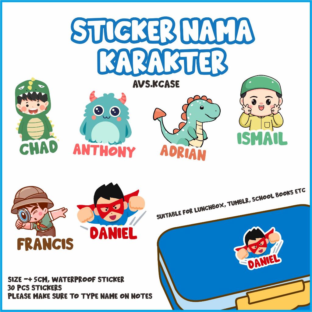 CHARACTER NAME STICKERS สําหรับเด็กผู้ชายกันน้ํา 1 วันครบรอบ
