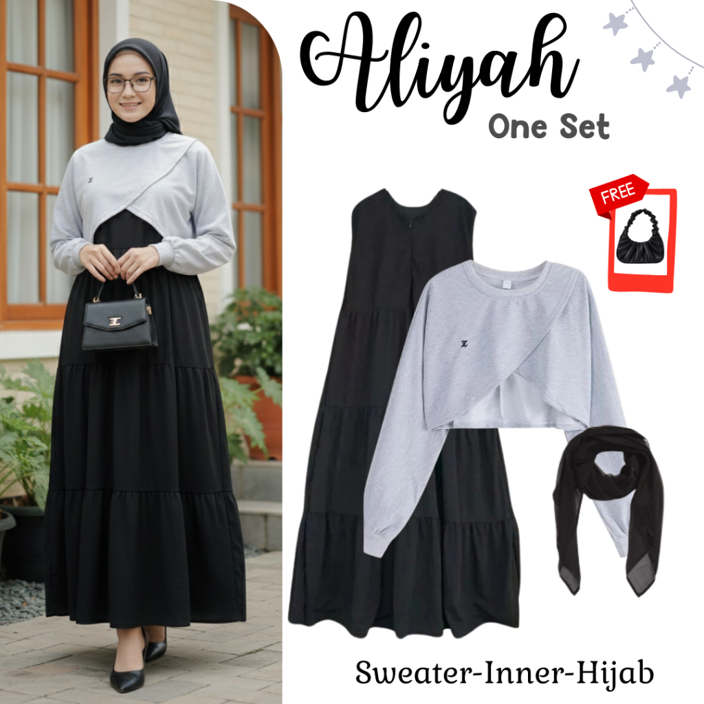 Aliyah Set Outfit Hijab Bukber (เดรสด้านใน, เสื้อสเวตเตอร์ครอป, Bella Square) Simple Hangout - KA129