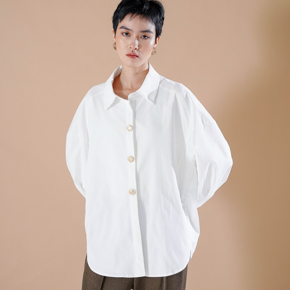 KEMEJA This Is April Josefina Top Womens Official Gold Plate Button White Shirt