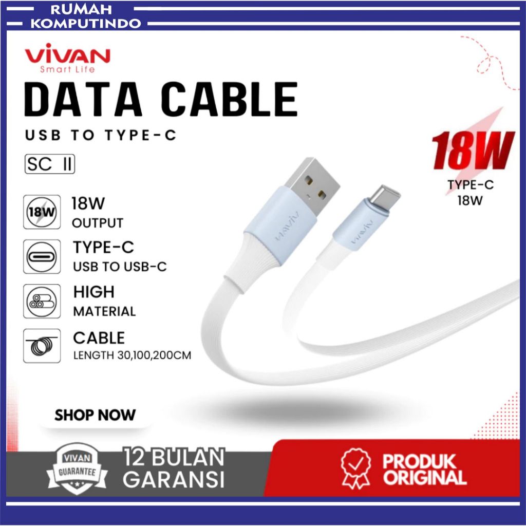 VIVAN SC30 II SC100 II SC200 II Type C สายชาร์จข้อมูลอย่างรวดเร็ว 30 ซม. 100 ซม. 200 ซม. 18W Quick C